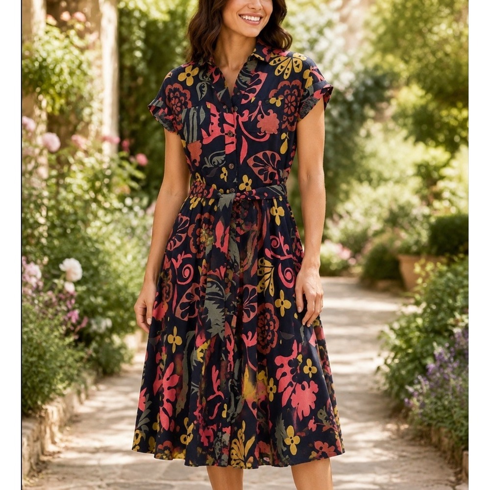 BODEN 2R Women's Floral Tropical Tie Waist Thomasina Jersey Midi Shirt Dress